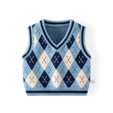 ONEAKIDS Baby & Toddler clothing BLUE / 6-12M Boys Sweater Vest V Neck Argyle Sleeveless Uniform