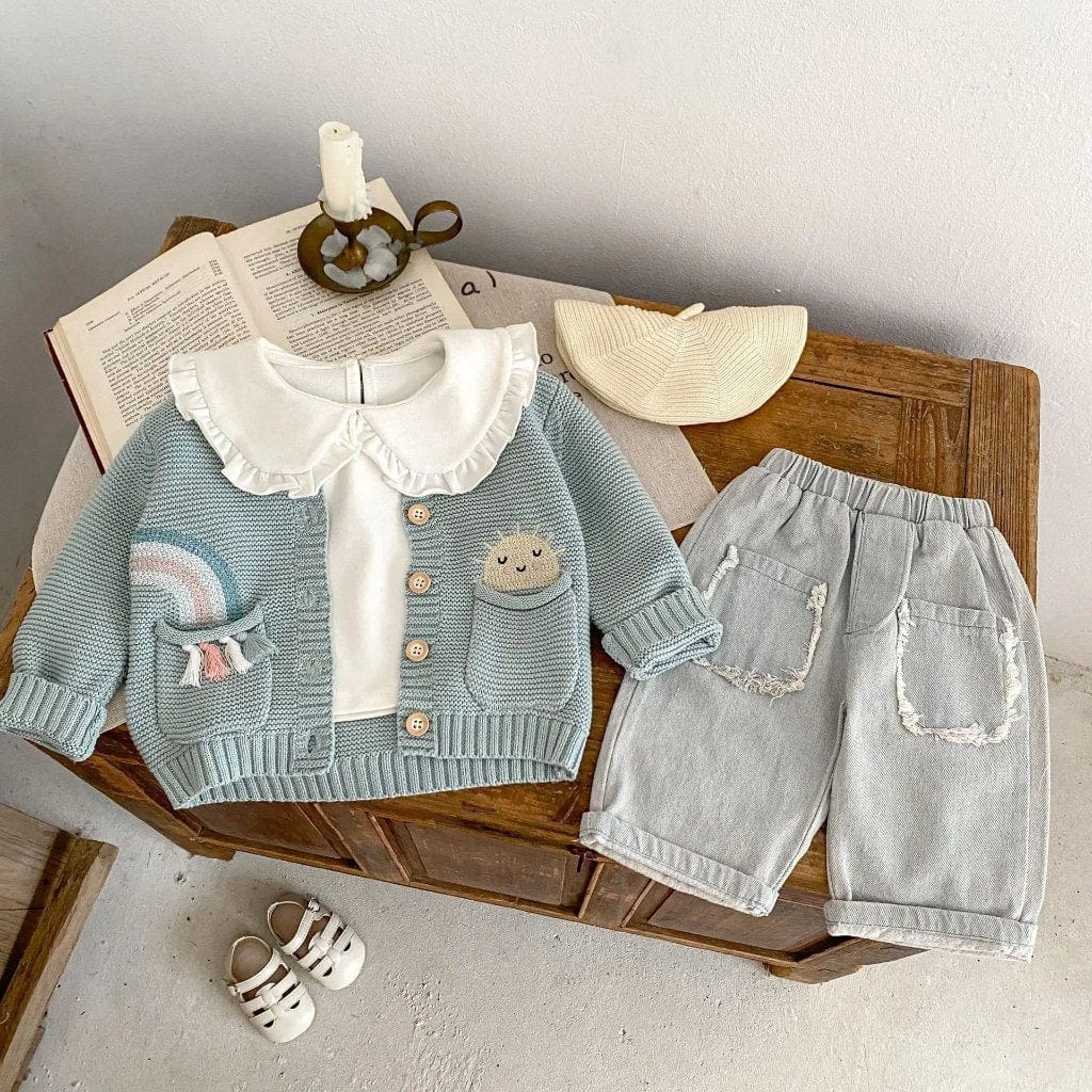 ONEAKIDS Baby & Toddler Outfits 100% Knit Cotton Sage Blue Little girls' Cardigan