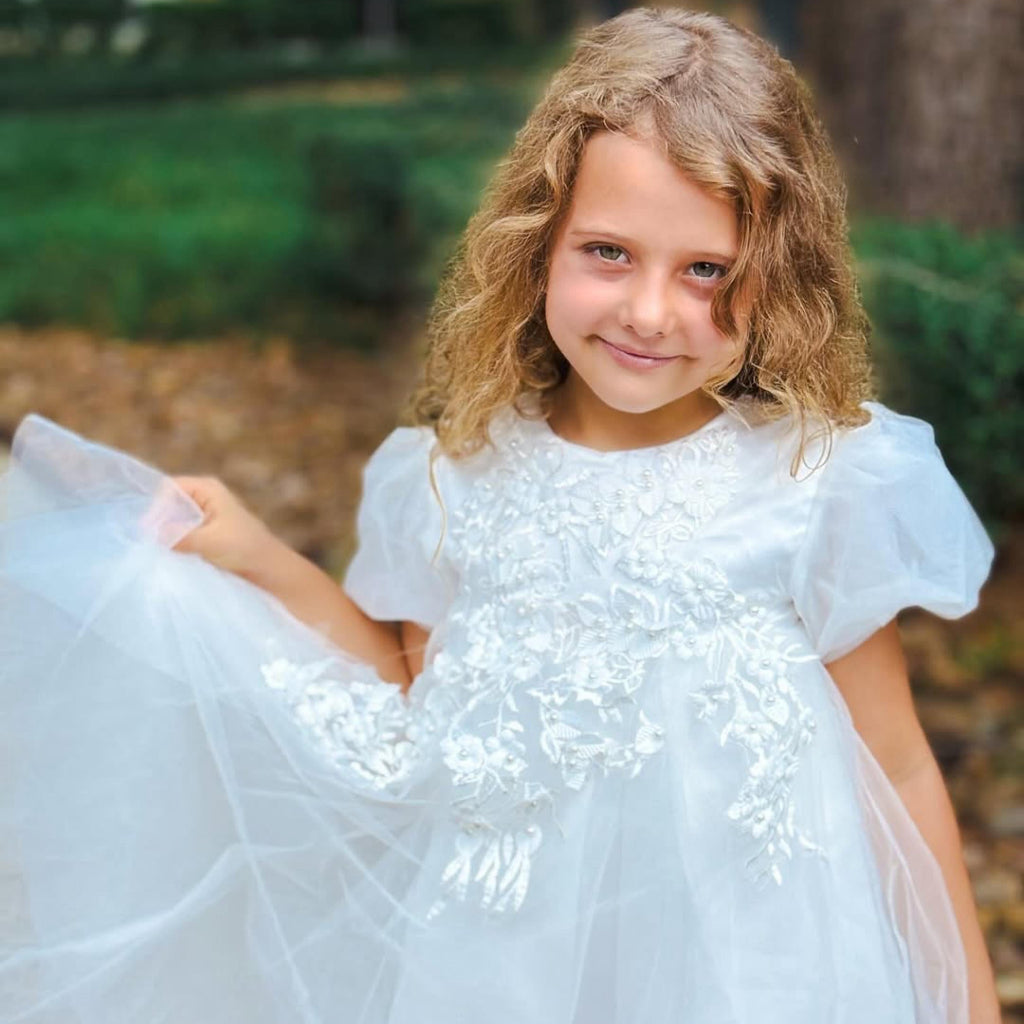 ONEAKIDS Baby & Toddler Outfits All White Tulle Flower Girl Dress with Ribbon Bow