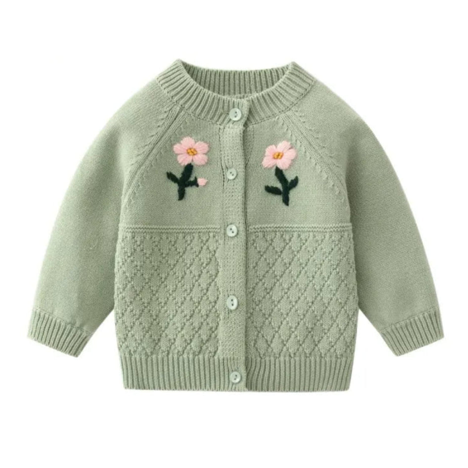 ONEAKIDS Baby & Toddler Outfits GREEN / 12-18M Baby Girls Flower Embroidered Knit Cotton Cardigan