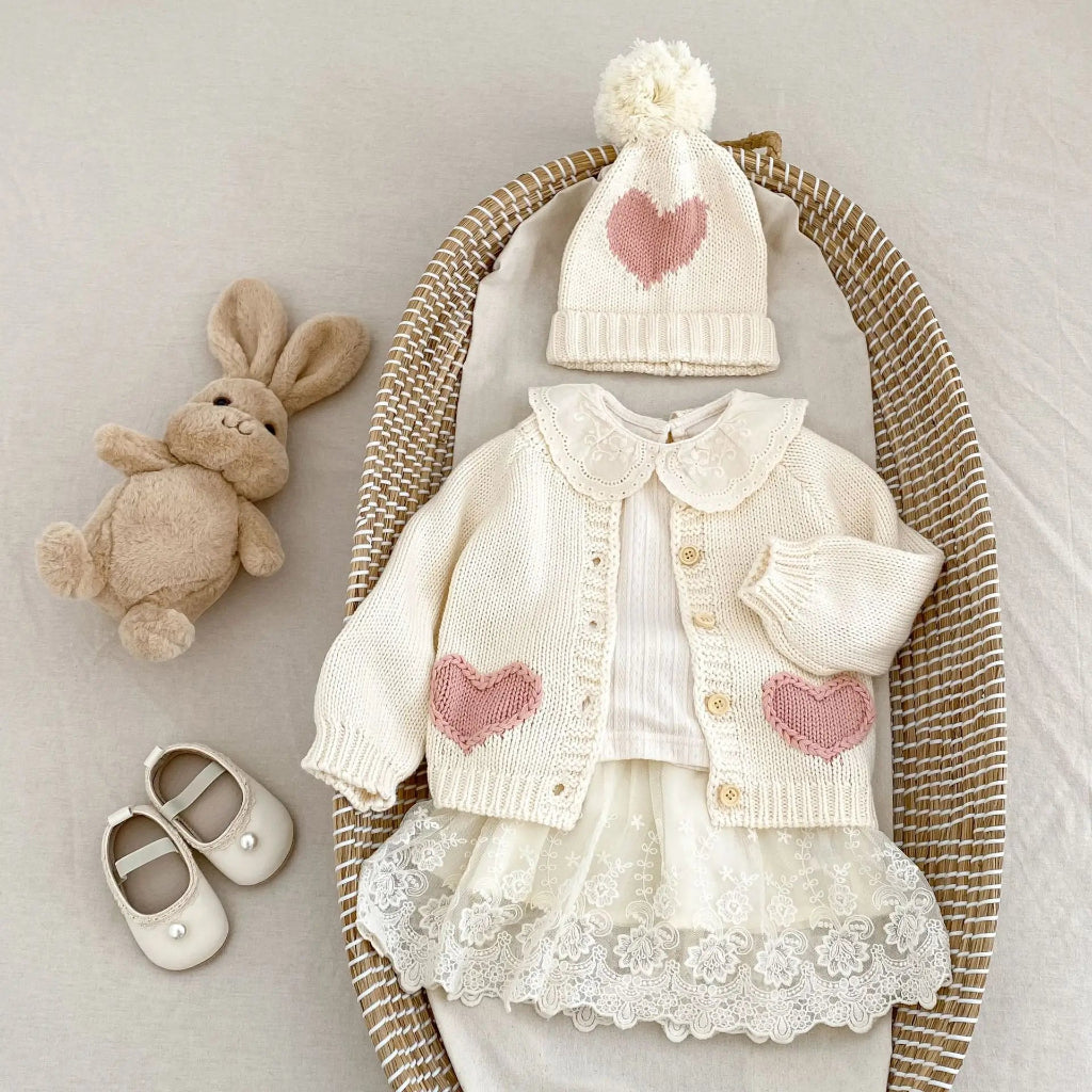 ONEAKIDS Baby & Toddler Outfits Heart Patch Knit Cardigan with Hat