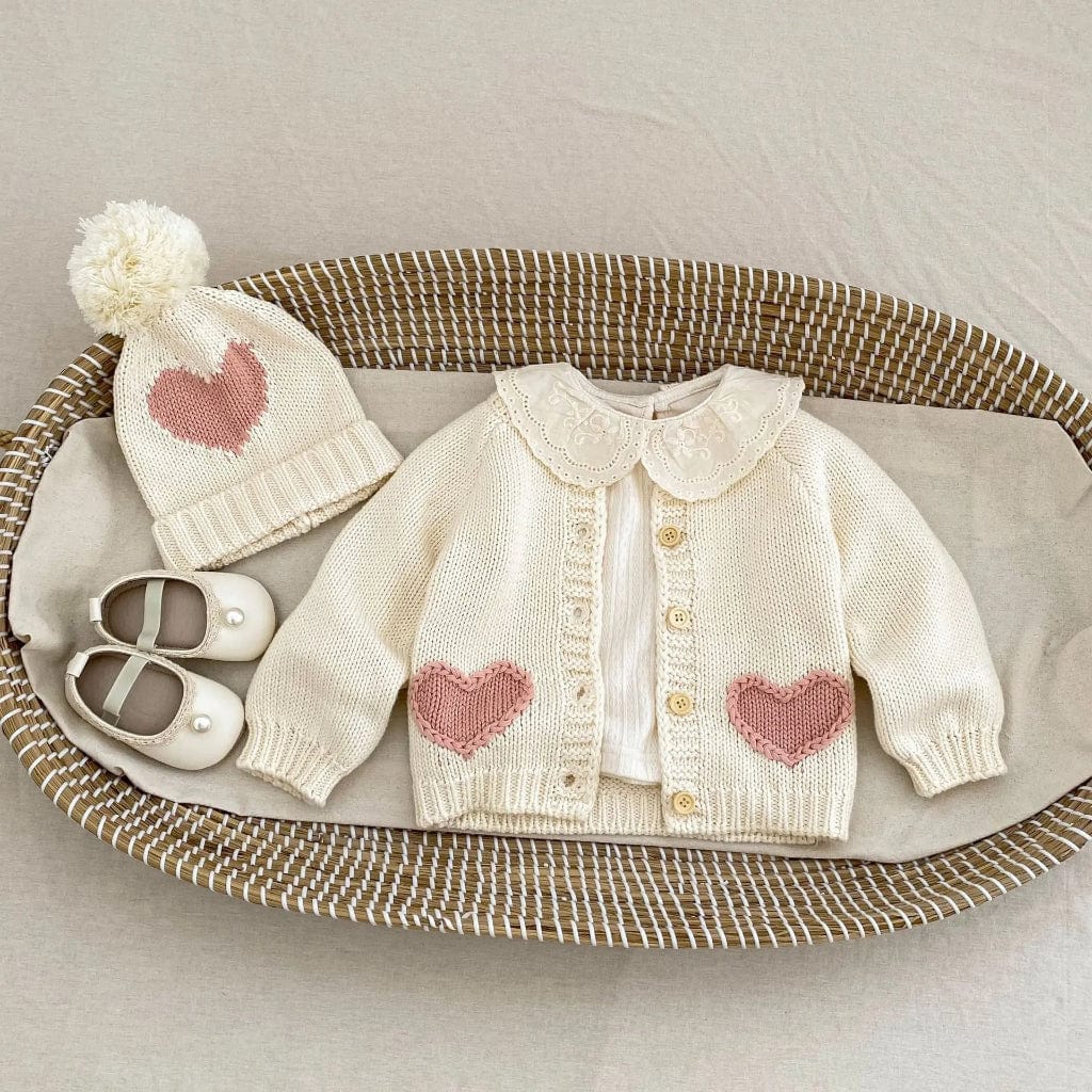 ONEAKIDS Baby & Toddler Outfits Heart Patch Knit Cardigan with Hat