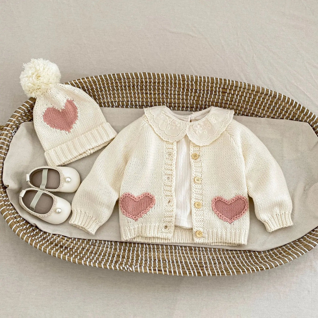ONEAKIDS Baby & Toddler Outfits Heart Patch Knit Cardigan with Hat