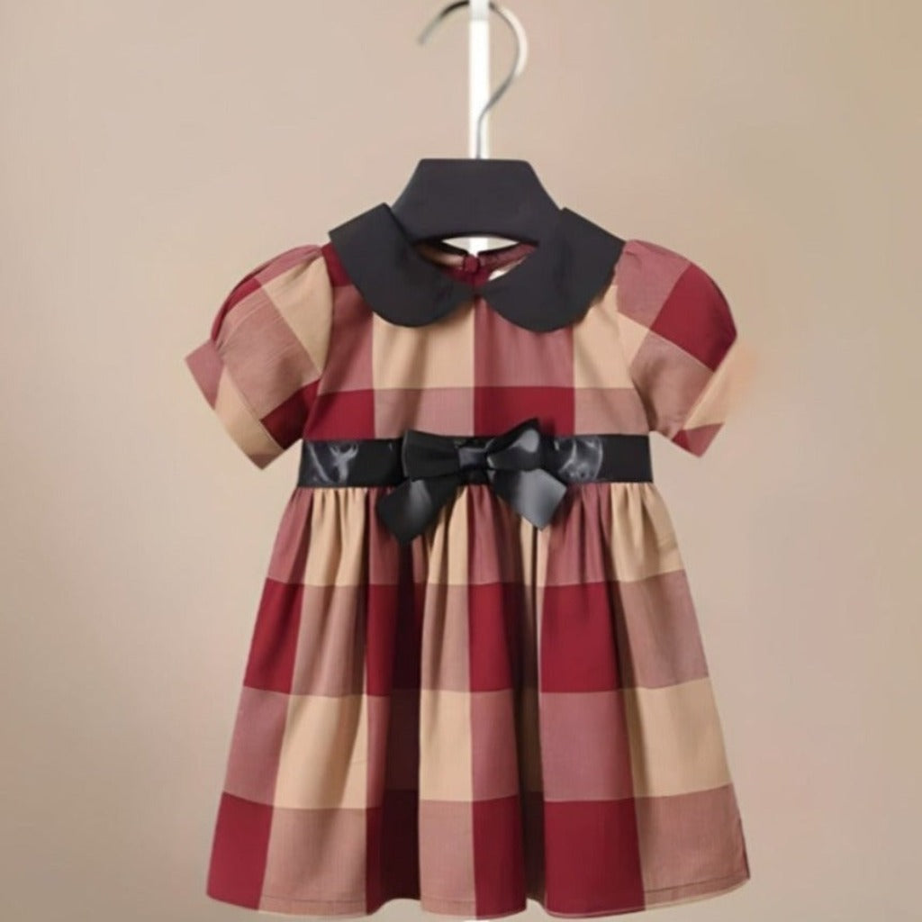 Vintage Ribbon Burgundy & Beige Plaid Dress