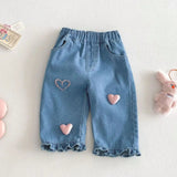 Girls' Denim Pants with Pink Hearts