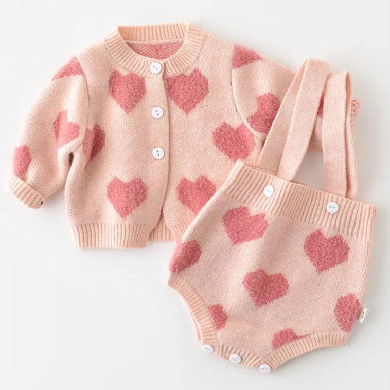 2-Piece Cardigan & Overalls Set with Hearts