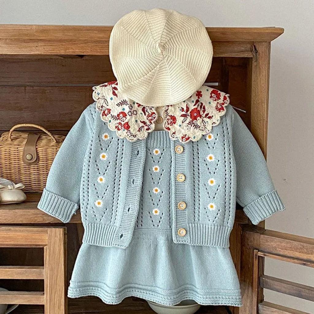2-Piece Light Blue Knit Dress & Cardigan Set for Baby Girls, 18-24 Month
