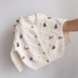 Knitted Cardigan with Colorful Pom-Pom
