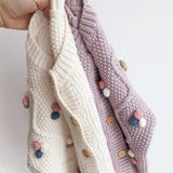 Knitted Cardigan with Colorful Pom-Pom