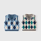 Boys Sweater Vest V Neck Argyle Sleeveless Uniform