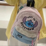 Person wearing a yellow raincoat with a plush backpack featuring a cartoon character, standing in a store.