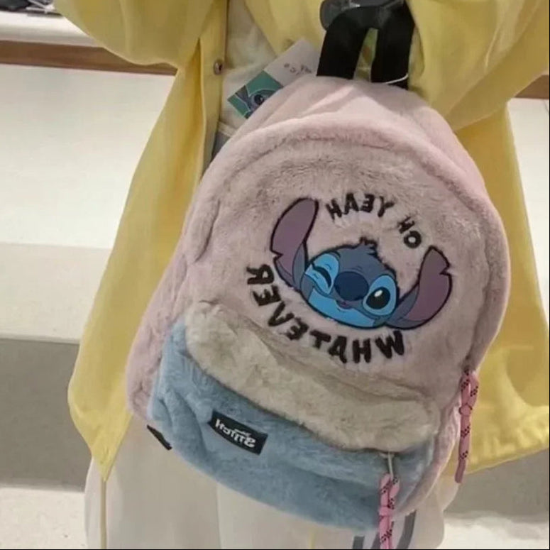 Person wearing a yellow raincoat with a plush backpack featuring a cartoon character, standing in a store.