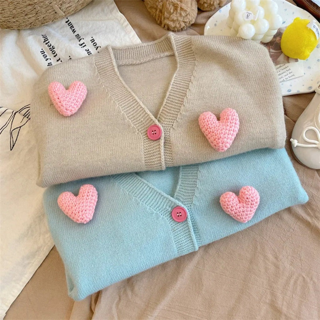 Knit Cotton Cardigan with Hearts