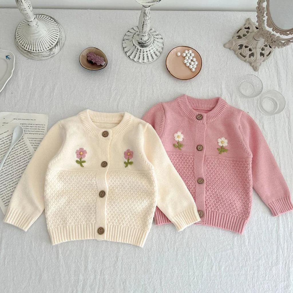 Baby Girls Flower Embroidered Knit Cotton Cardigan