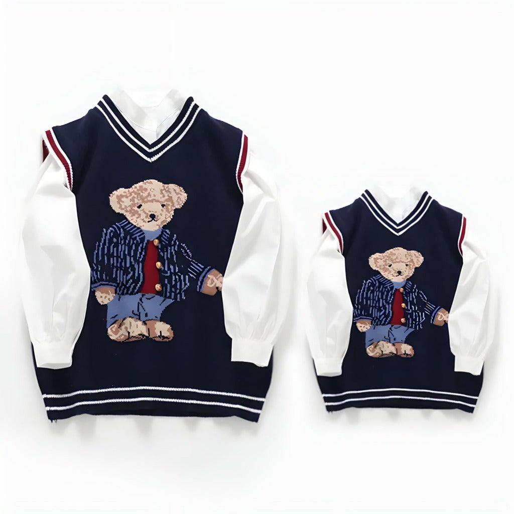 Bear Knit Cotton Sleeveless Pullover in Navy Blue