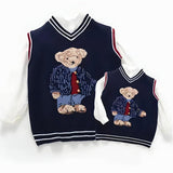 Bear Knit Cotton Sleeveless Pullover in Navy Blue