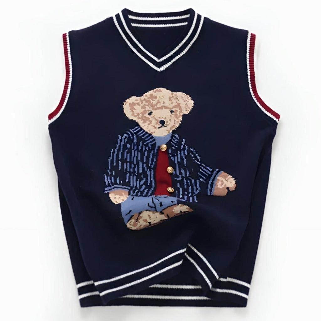 Bear Knit Cotton Sleeveless Pullover in Navy Blue