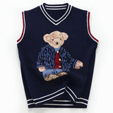 Bear Knit Cotton Sleeveless Pullover in Navy Blue