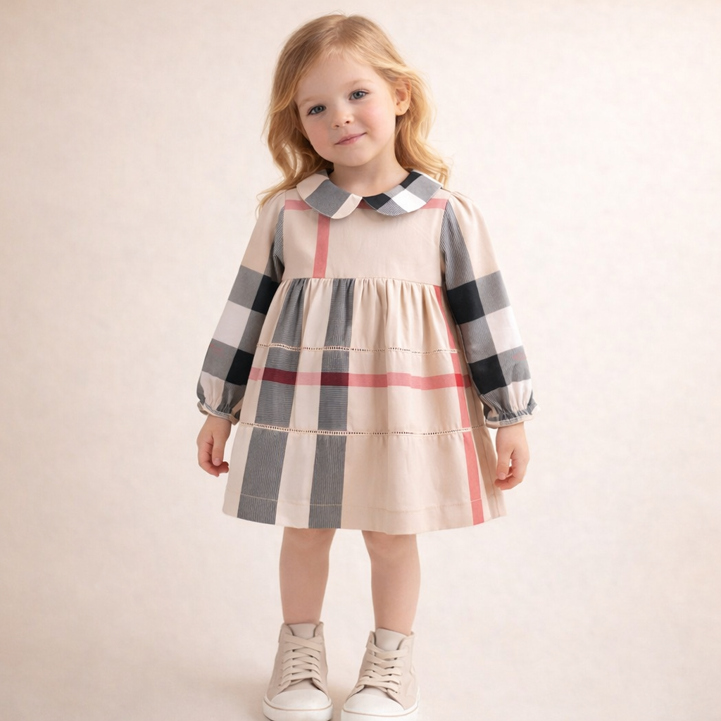 Beige Plaid Vintage Style Little Girls' Dress, 3T | ONEAKIDS Beige Plaid Vintage Style Little Girls' Dress, 3T | ONEAKIDS