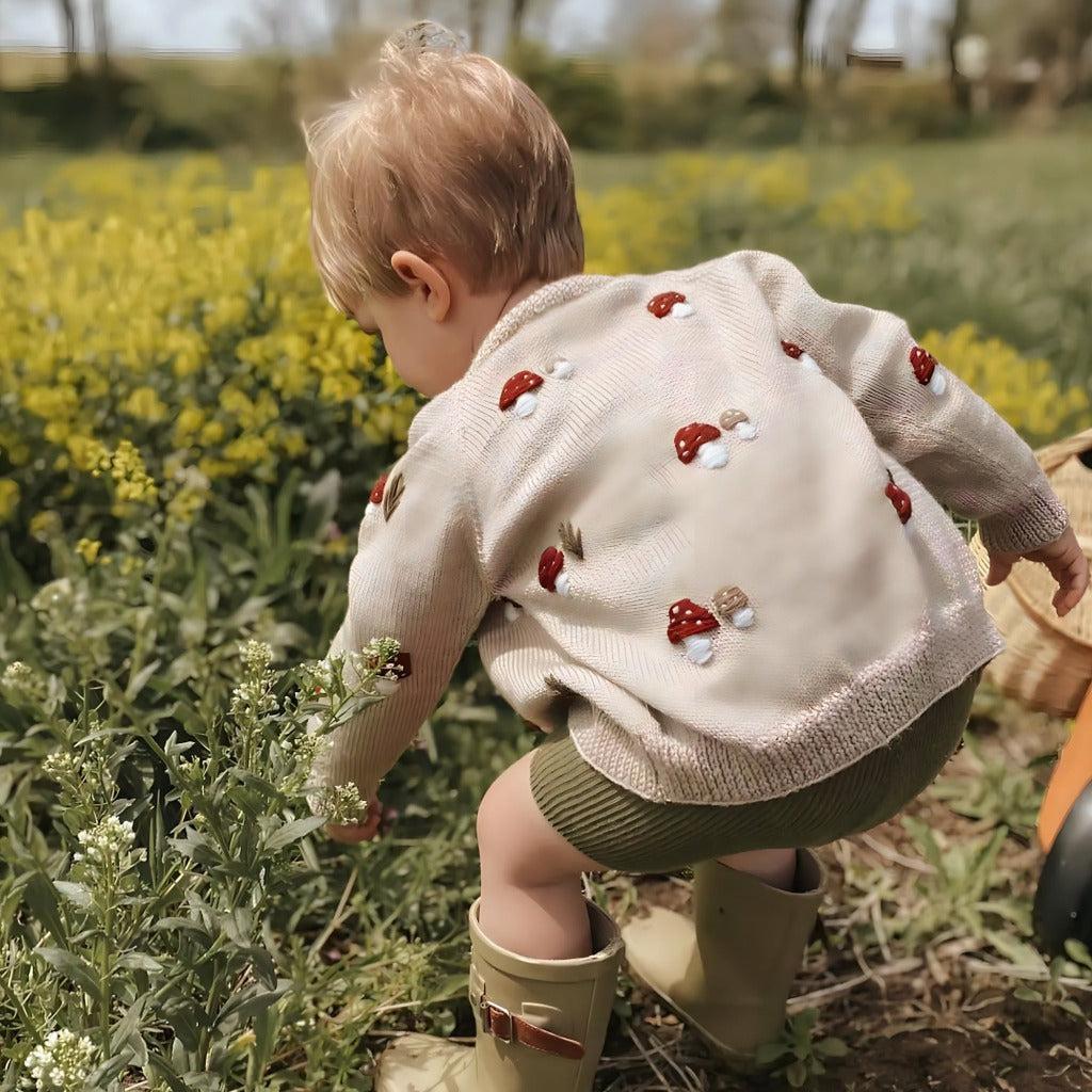 Beige Mushroom Knit Cardigan for Kids