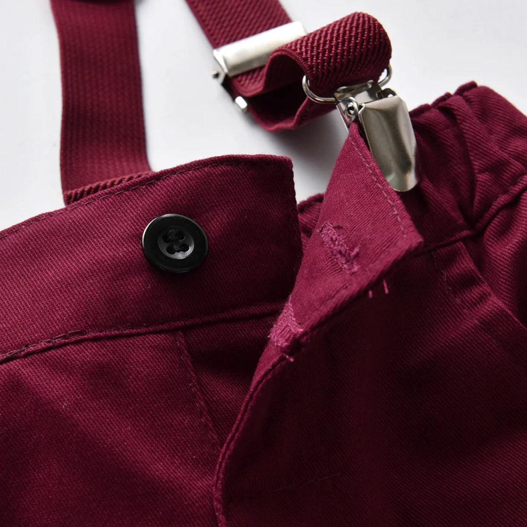 Boys’ Christmas Plaid Shirt with Maroon Suspender Pants