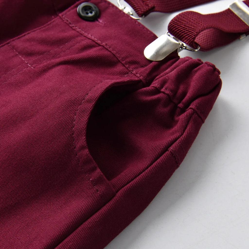 Boys’ Christmas Plaid Shirt with Maroon Suspender Pants