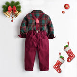 Boys’ Christmas Plaid Shirt with Maroon Suspender Pants