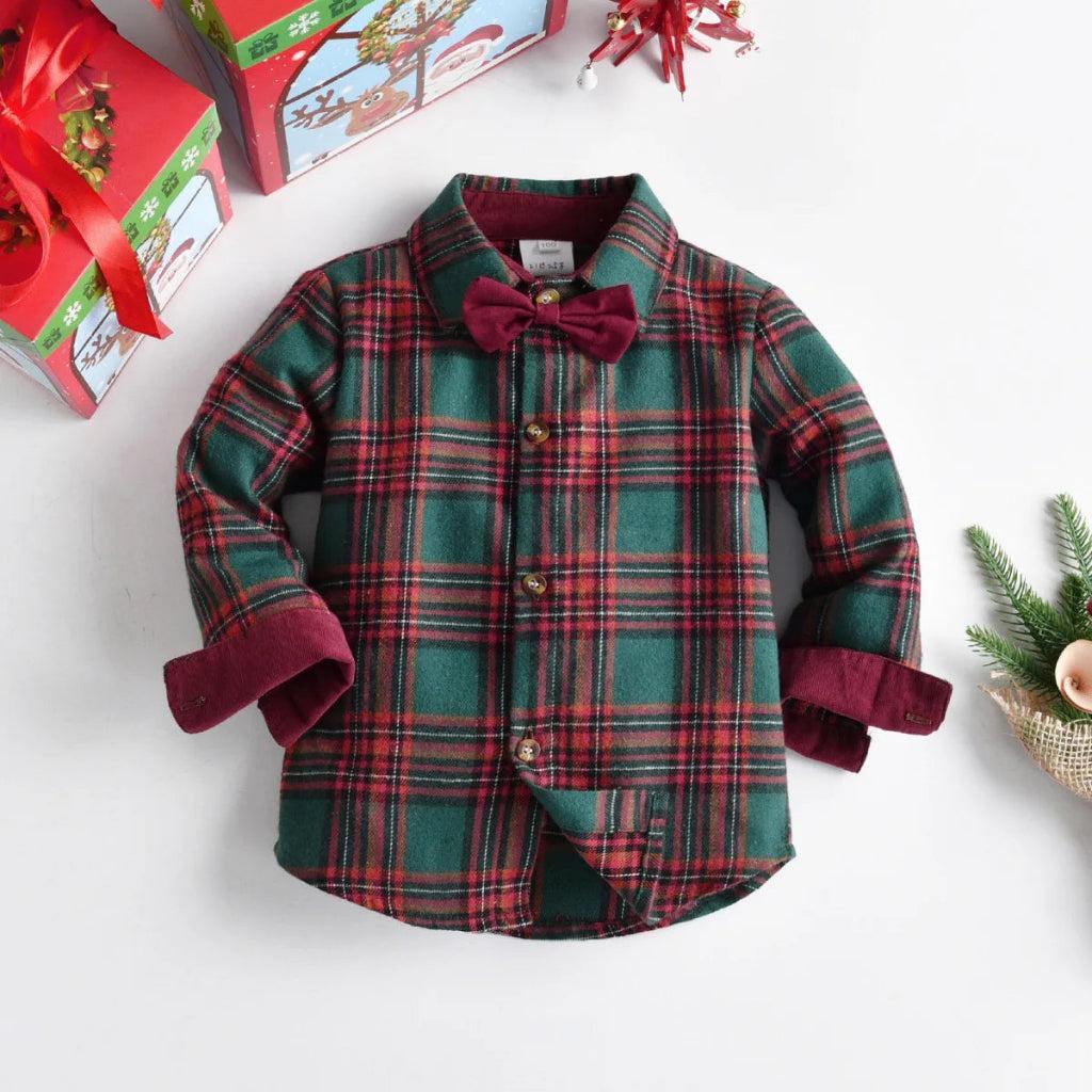 Boys’ Christmas Plaid Shirt with Maroon Suspender Pants
