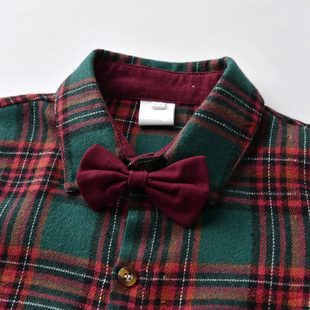 Boys’ Christmas Plaid Shirt with Maroon Suspender Pants