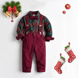 Boys’ Christmas Plaid Shirt with Maroon Suspender Pants