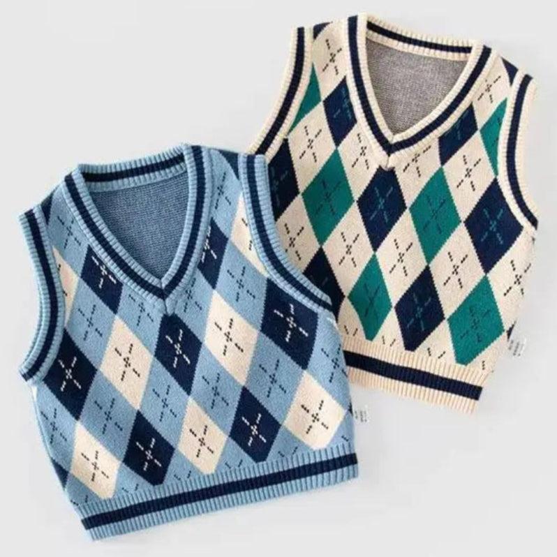 Boys Sweater Vest V Neck Argyle Sleeveless Uniform
