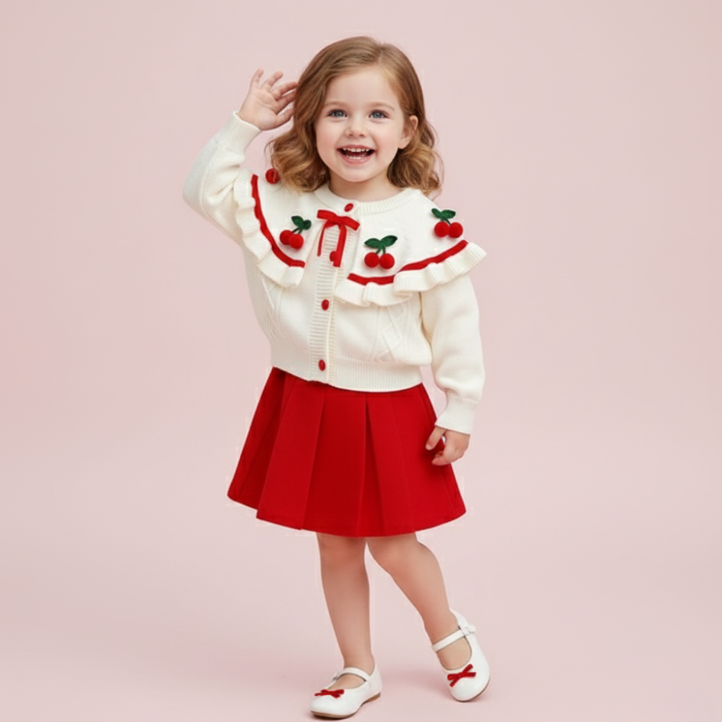 Cherry Knit Ruffle Cardigan & Skirt
