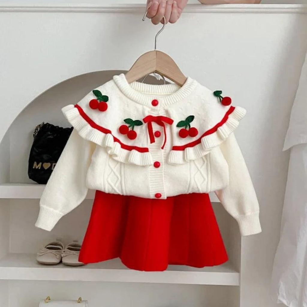 Cherry Knit Ruffle Cardigan & Skirt