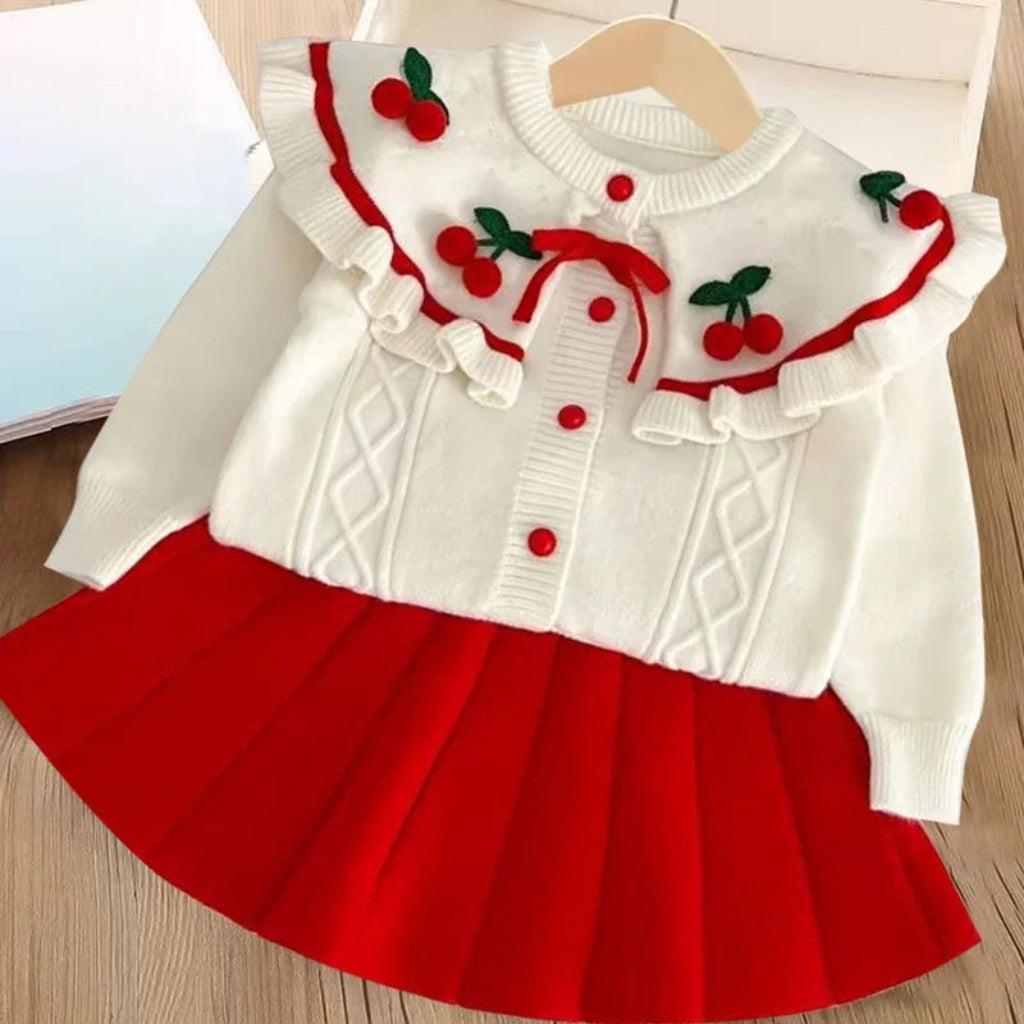Cherry Knit Ruffle Cardigan & Skirt