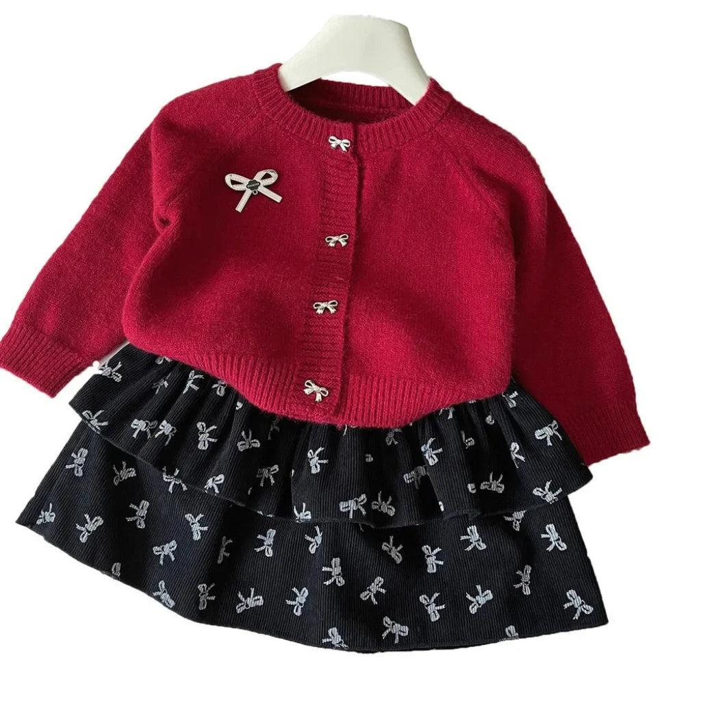 Clara Girls’ Skirt & Cardigan Set with Bows