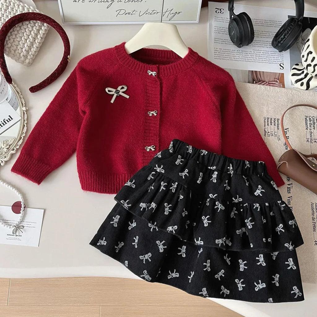 Clara Girls’ Skirt & Cardigan Set with Bows