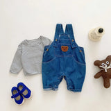 Denim Bear Baby Jumpsuit & Striped T-Shirt Set