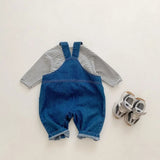 Denim Bear Baby Jumpsuit & Striped T-Shirt Set