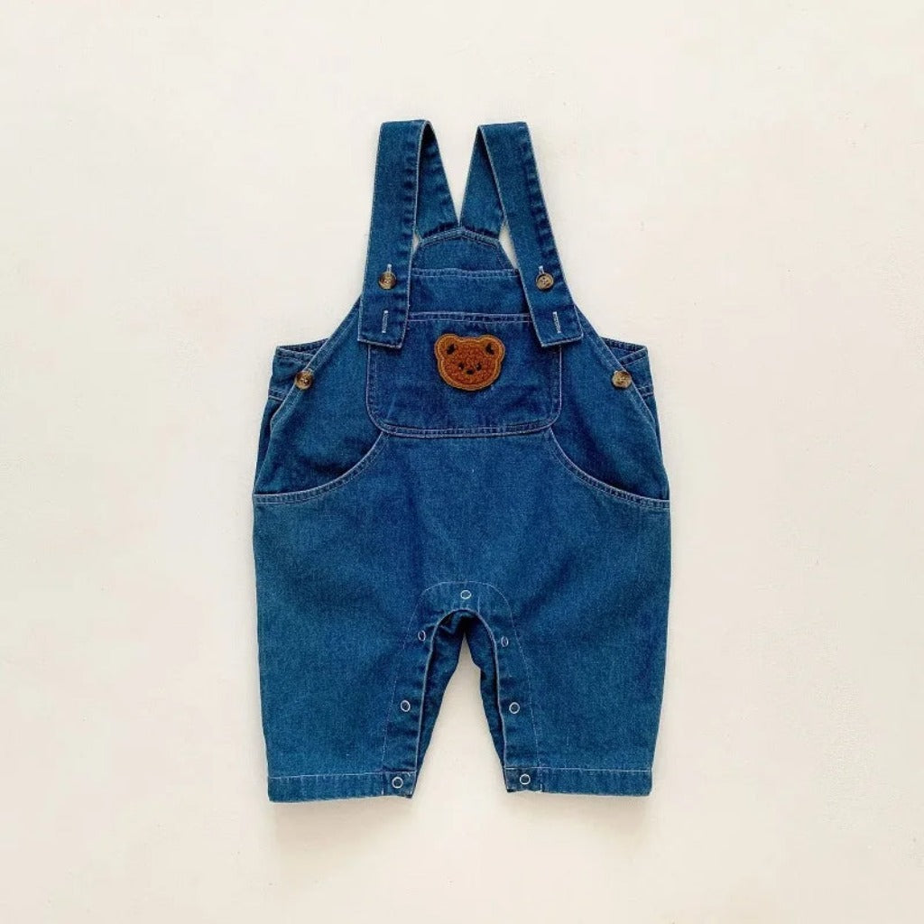 Denim Bear Baby Jumpsuit & Striped T-Shirt Set