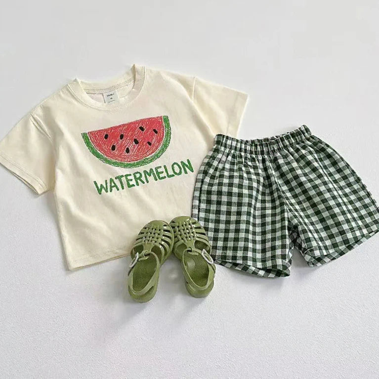 Unisex Gingham Summer Fruit Picnic Top and Shorts Set