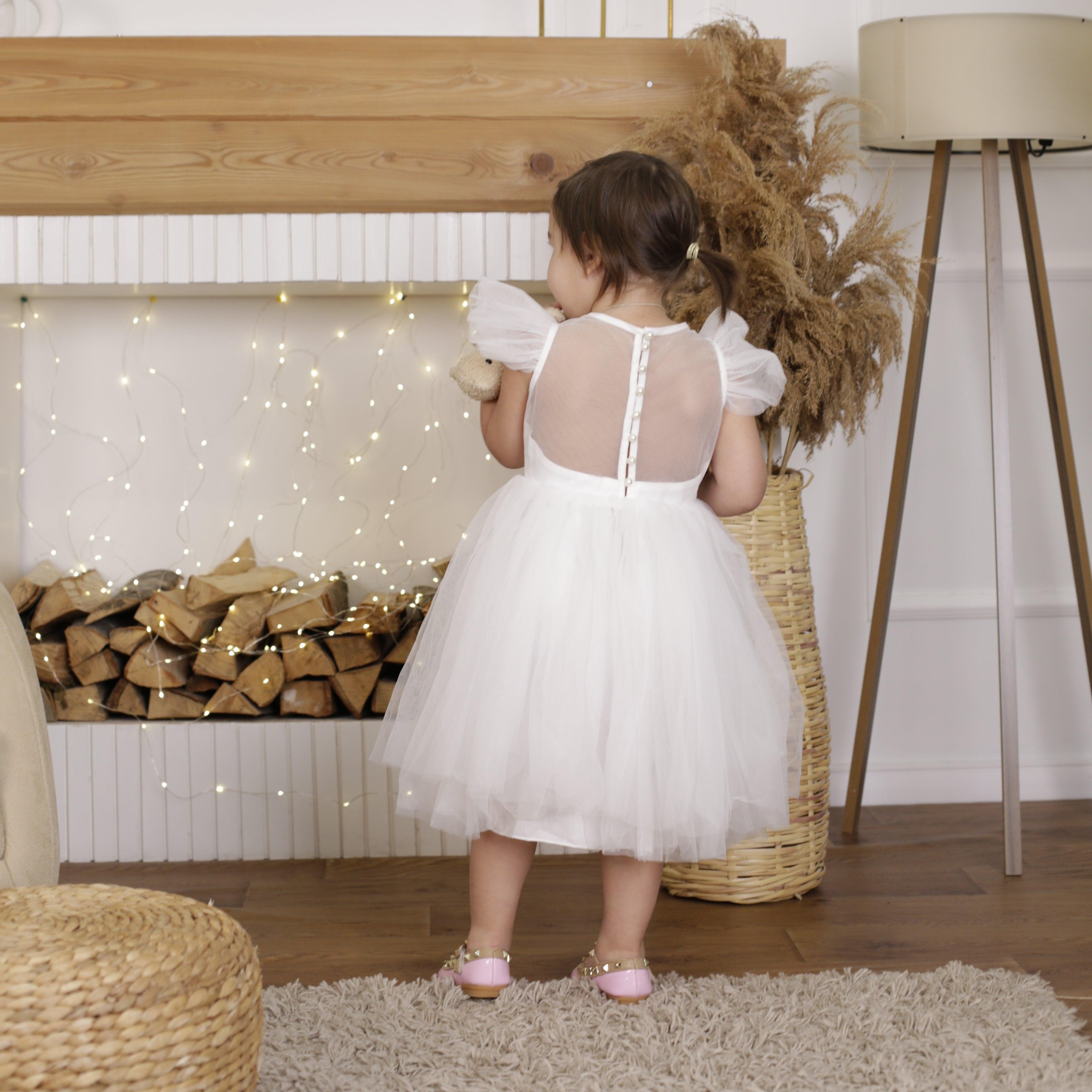 Flower Girl Tulle Dress, White and Gray, 4T