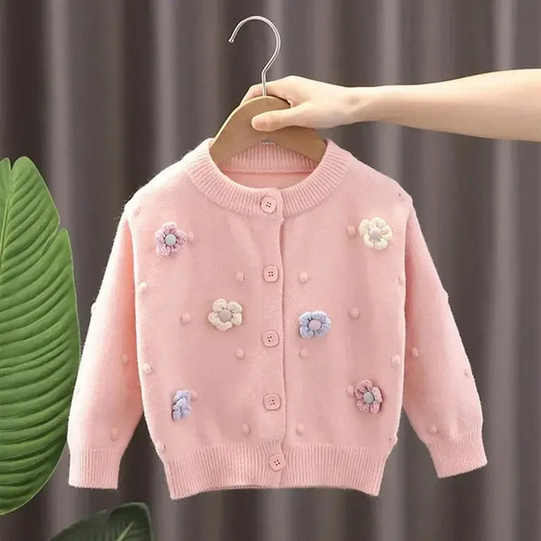 Girls’ Charming Knit Cardigan with Flowers