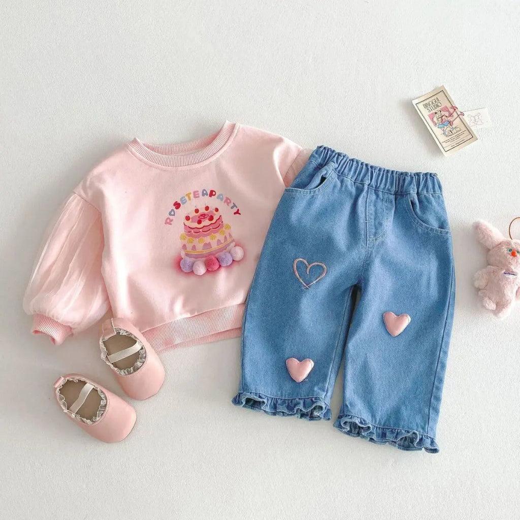 Girls' Denim Pants with Pink Hearts