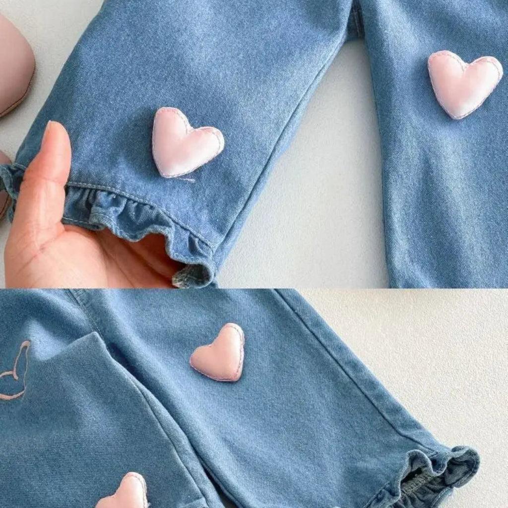 Girls' Denim Pants with Pink Hearts