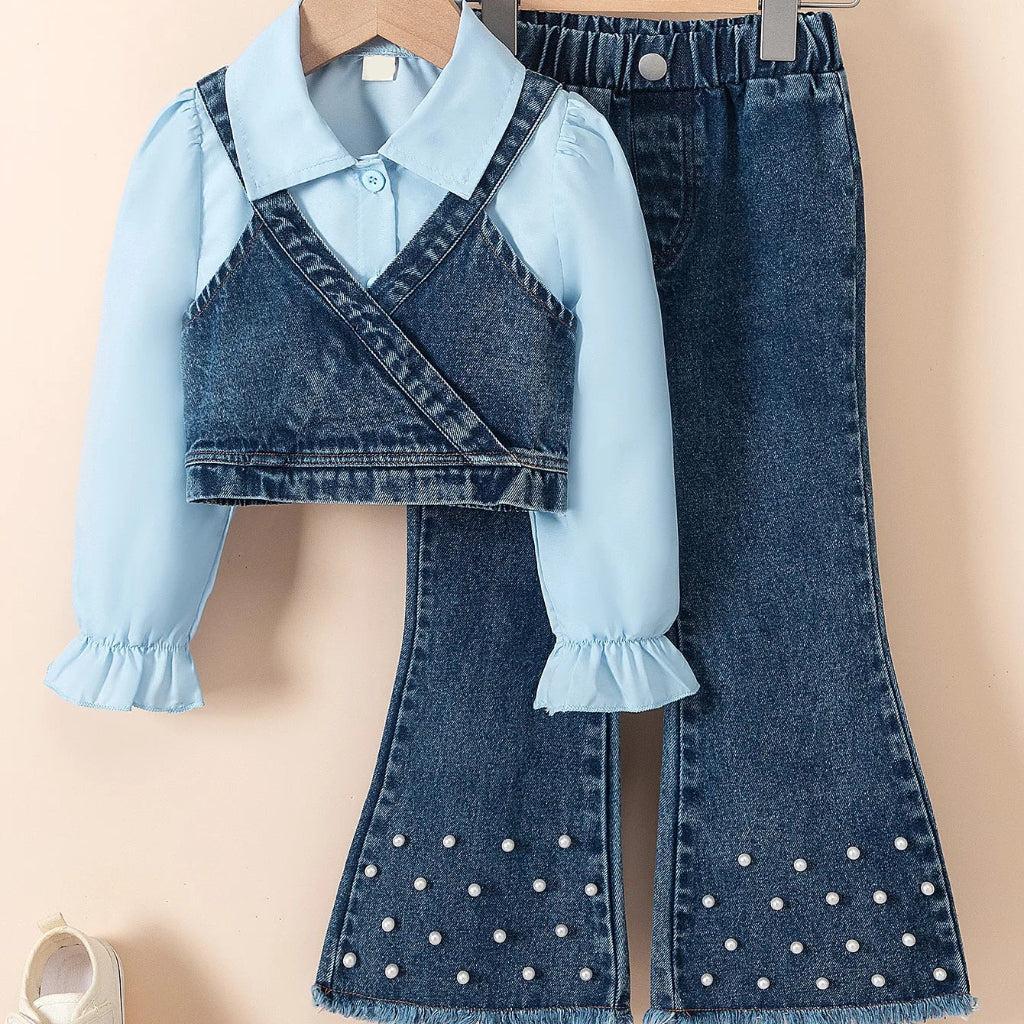 Girls’ Denim Set with Pearls