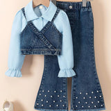 Girls’ Denim Set with Pearls
