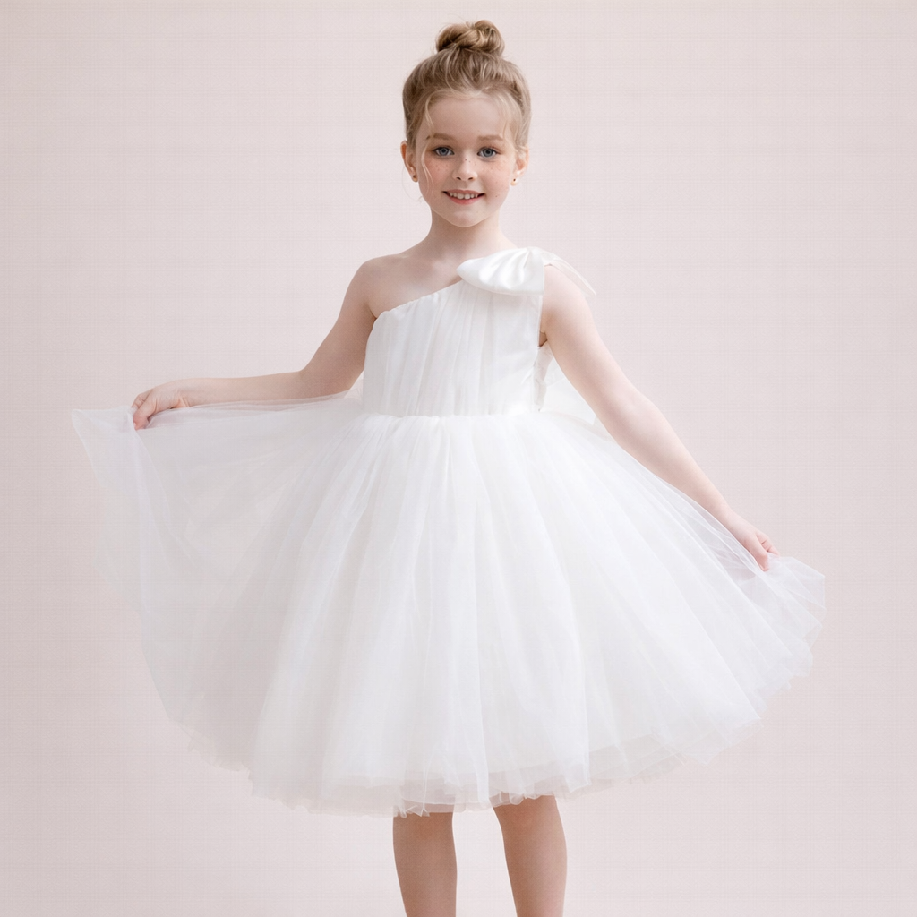 child party dress eligont Girls' Elegant Tulle Party Dress, White/Pink, 5 Years