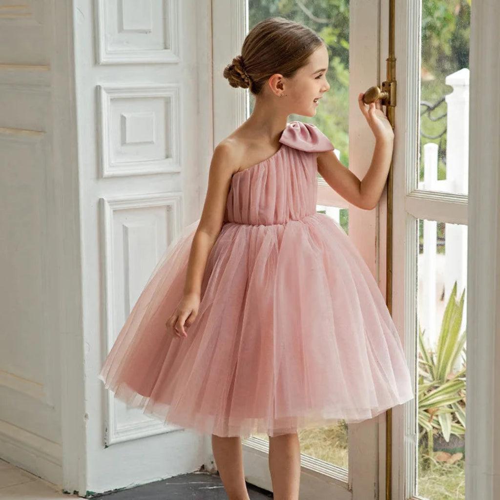 Girls' Elegant Tulle Party Dress, White/Pink, 5 Years