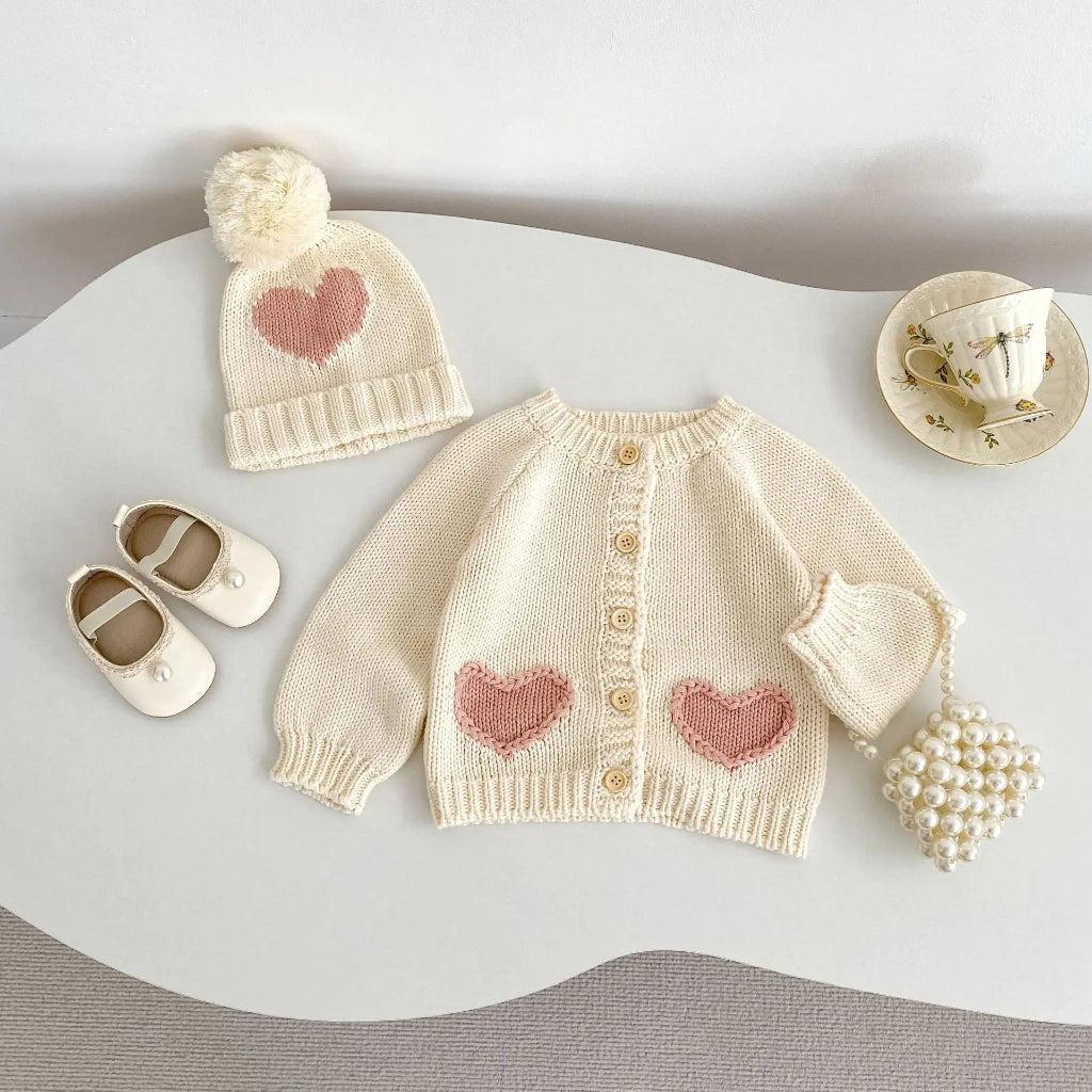 Heart Patch Knit Cardigan with Hat