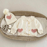 Heart Patch Knit Cardigan with Hat